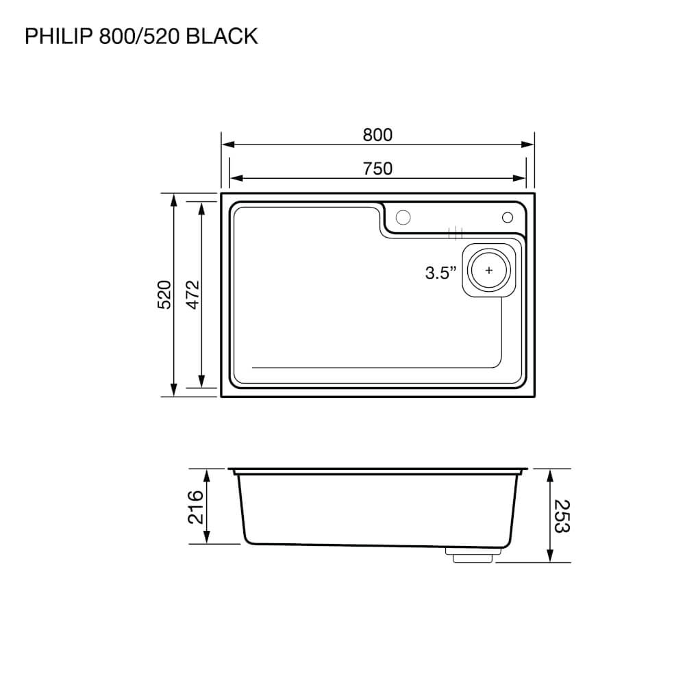 อ่างล้างจานหินแกรนิต 1 หลุม EVE PHILIP 800/520 BLACK ขนาด 80 ซม. สีดำ